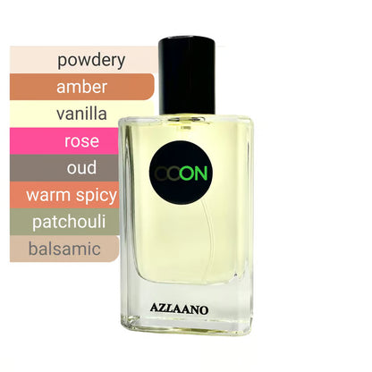 Perfume bottle with color swatches and 'AZLAANO' branding on a white background